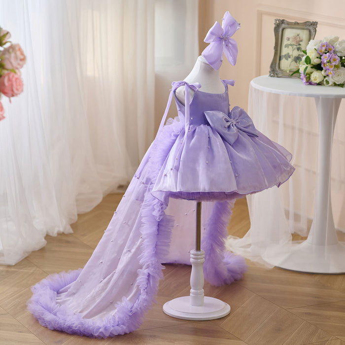 Bowed Lace Up Satin Flower Girl Dress With Trailing J546