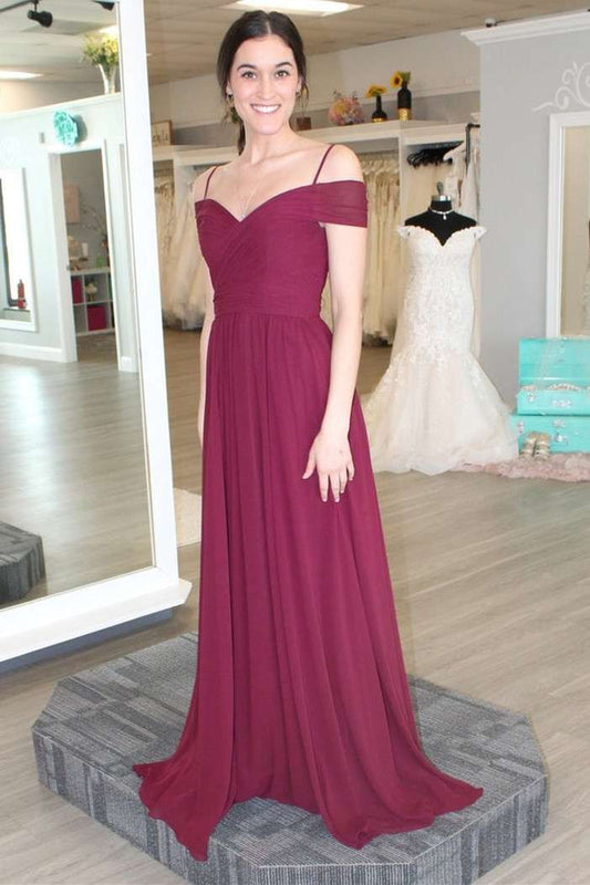 Burgundy Chiffon Cold-Shoulder A-Line Bridesmaid Dress