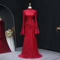 Burgundy Evening Dress with High Neck and Lace Long Flare Sleeves SF484
