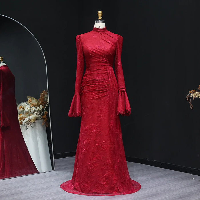 Burgundy Evening Dress with High Neck and Lace Long Flare Sleeves SF484