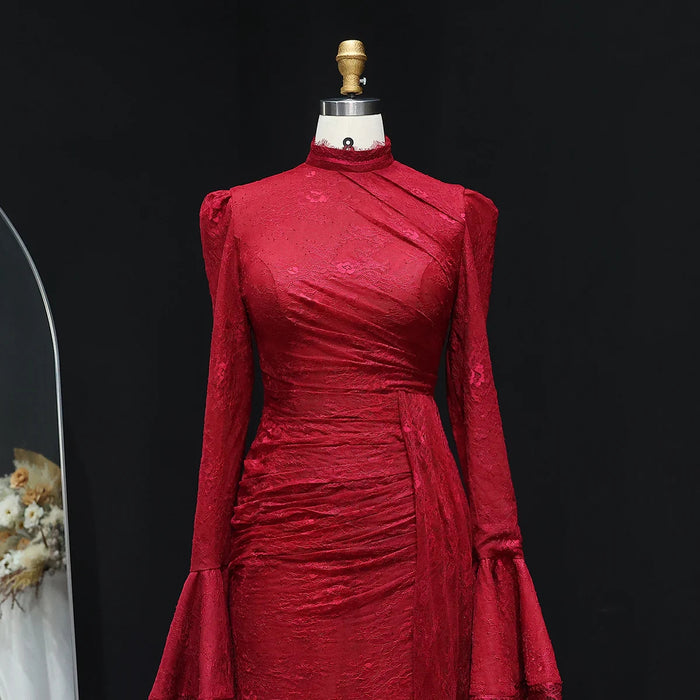 Burgundy Evening Dress with High Neck and Lace Long Flare Sleeves SF484
