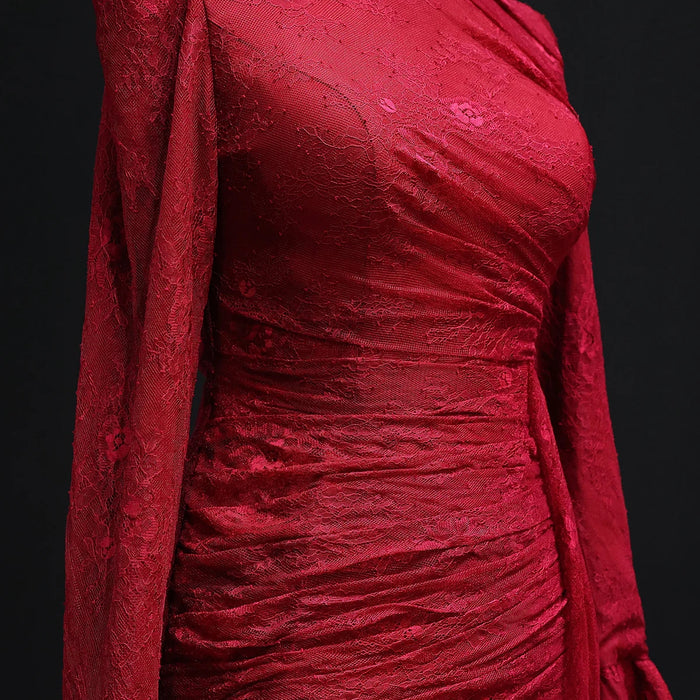 Burgundy Evening Dress with High Neck and Lace Long Flare Sleeves SF484