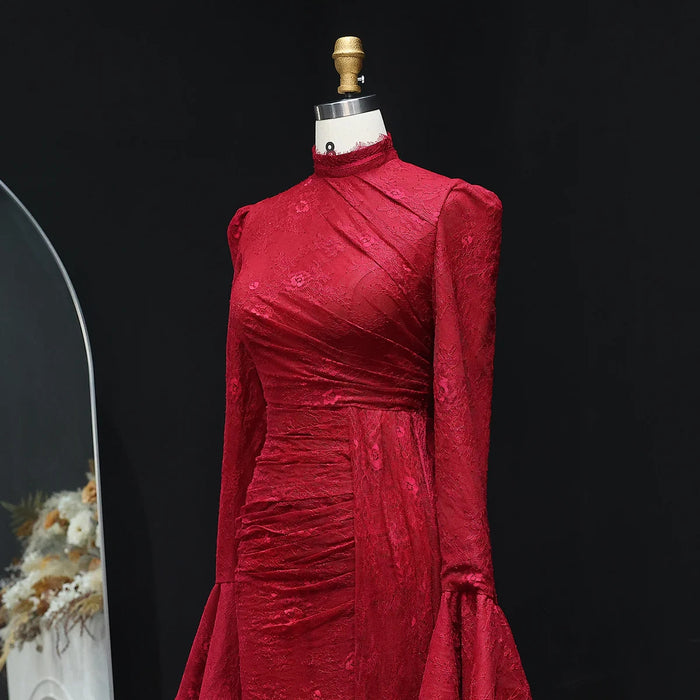 Burgundy Evening Dress with High Neck and Lace Long Flare Sleeves SF484