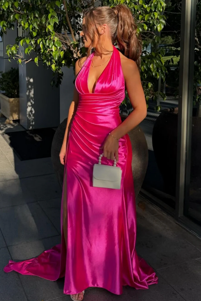 Burgundy Halter V-Neck Pleated Satin Formal Prom Dress with Slit