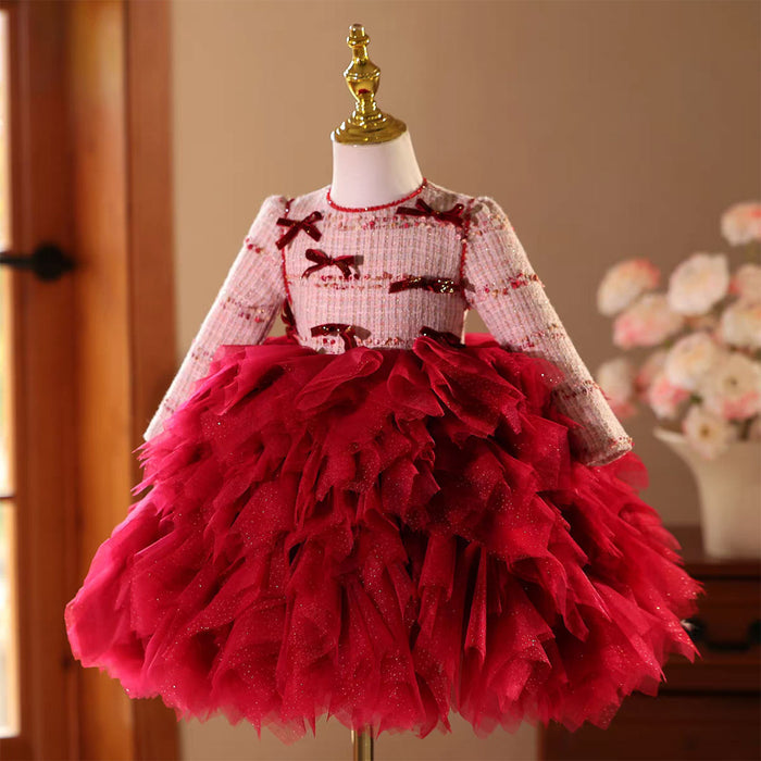 Burgundy Long Sleeve Flower Girl Dress for Kids Birthday Party Pageant J833