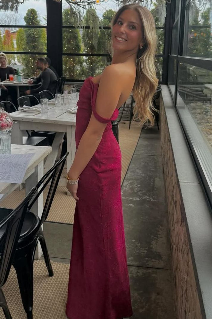 Burgundy Off-Shoulder Jacquard Pleats Sheath Long Prom Dress