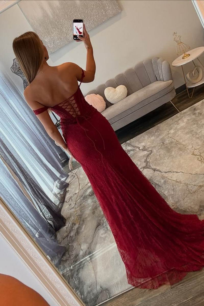 Burgundy Off-Shoulder Lace Appliques Sweetheart Mermaid Prom Dress with Slit