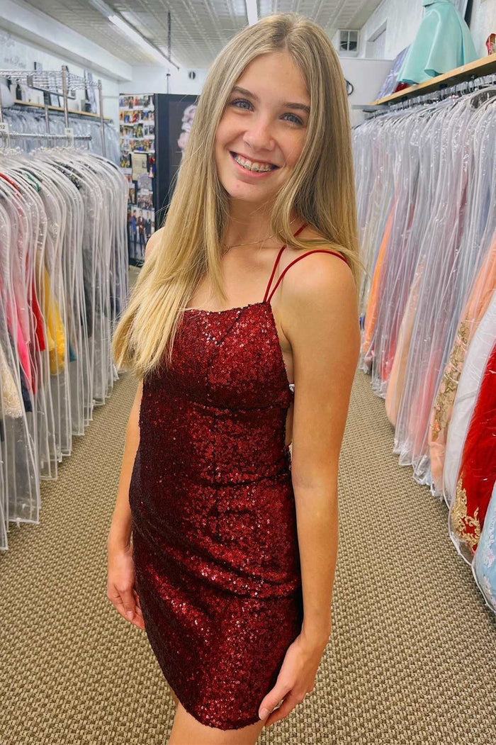 Burgundy Sequin Lace-Up Bodycon Short Homecoming Dress