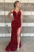 Burgundy Sequined V-Neck High Slit Mermaid Long Prom Dress