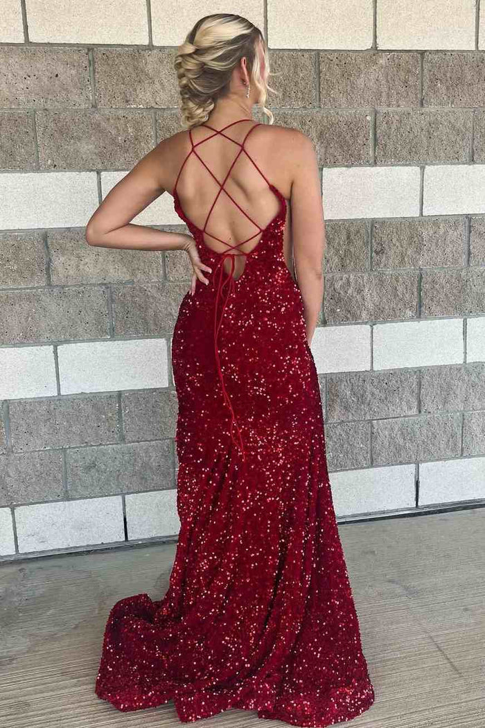 Burgundy Sequined V-Neck High Slit Mermaid Long Prom Dress