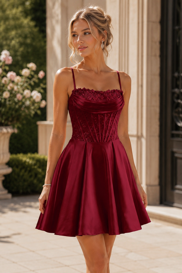 Burgundy Spaghetti Straps Pleated Satin Mini  Homecoming Dress