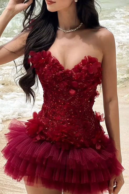 Burgundy Strapless 3D Floral Beaded Homecoming Mini Dress with Tulle