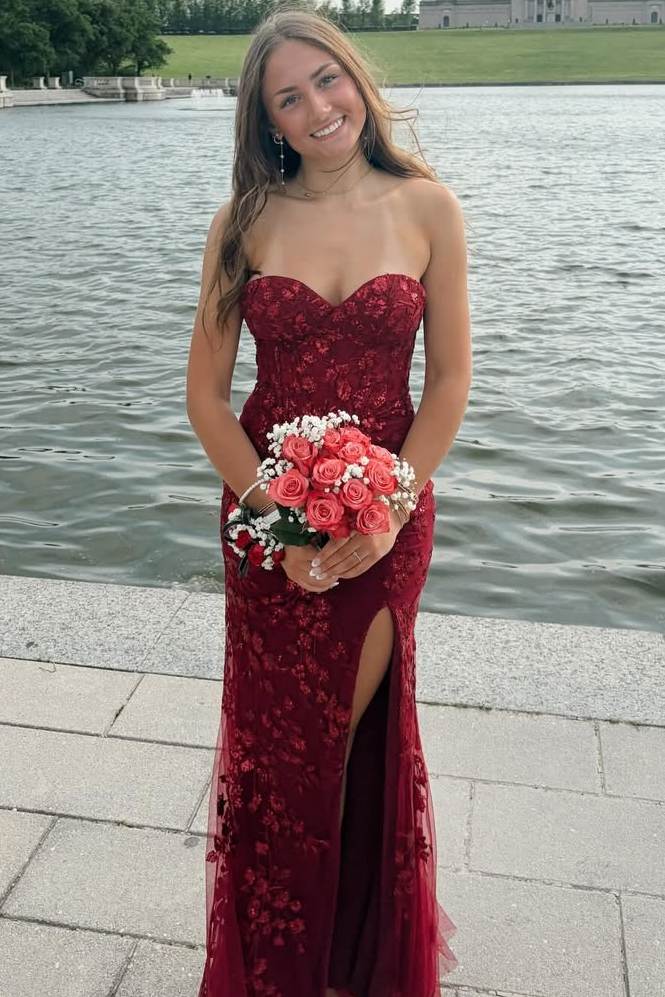 Burgundy Strapless Sweetheart Lace Appliques Prom Dress with Slit