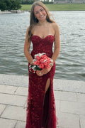 Burgundy Strapless Sweetheart Lace Appliques Prom Dress with Slit