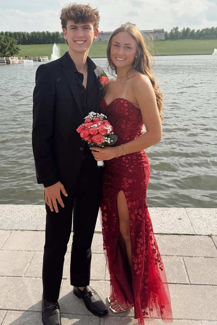 Burgundy Strapless Sweetheart Lace Appliques Prom Dress with Slit