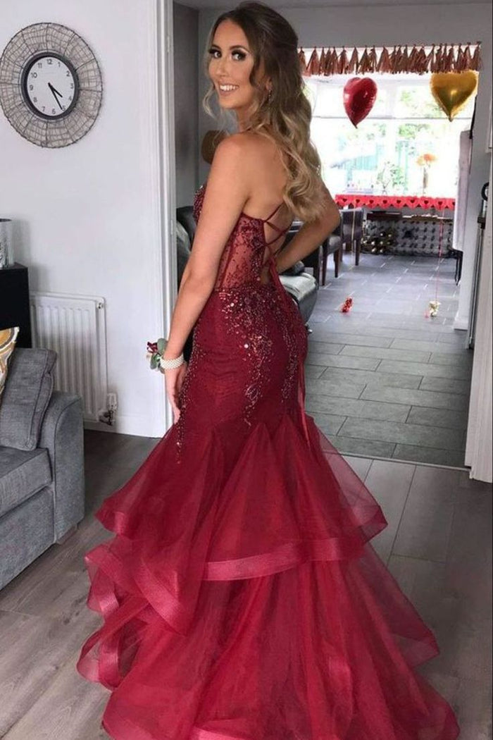 Burgundy Trumpet V-Neck Straps Appliques Multi-Tiered Prom Dress