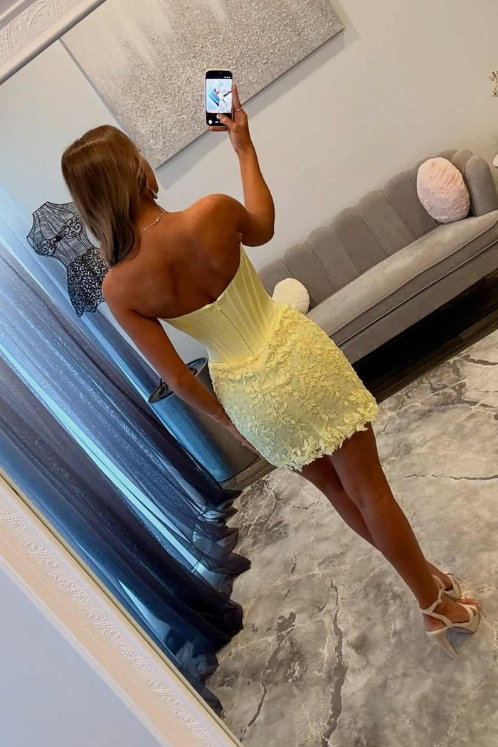 Butter Yellow Strapless Corset Lace Homecoming Mini Dress