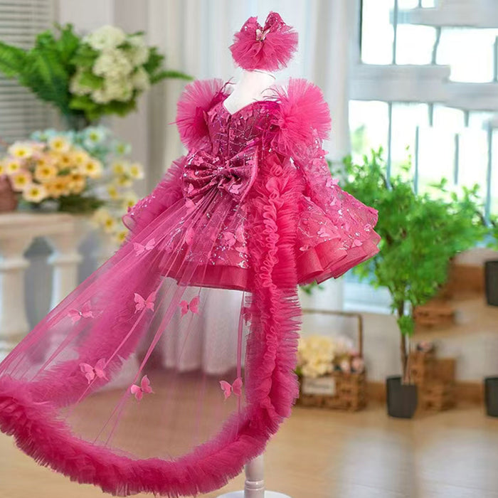 Butterfly Applique Flower Baby Girl Dress With Trailing D063