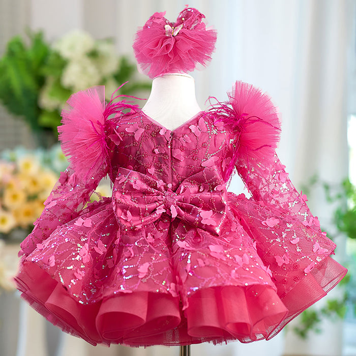 Butterfly Applique Flower Baby Girl Dress With Trailing D063