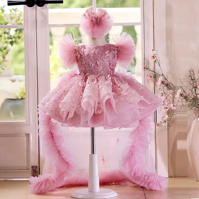 Butterfly Applique Flower Baby Girl Dress With Trailing D063