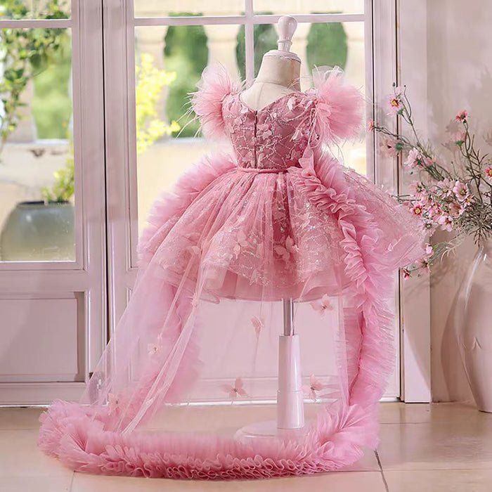Butterfly Applique Flower Baby Girl Dress With Trailing D063