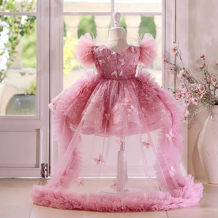 Butterfly Applique Flower Baby Girl Dress With Trailing D063