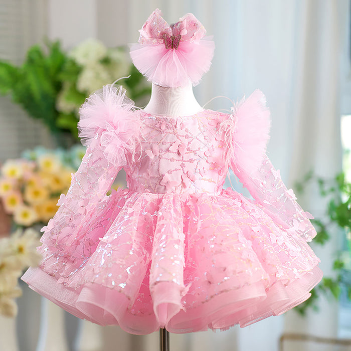 Butterfly Applique Long Sleeves Flower Girl Dress Bowed J555