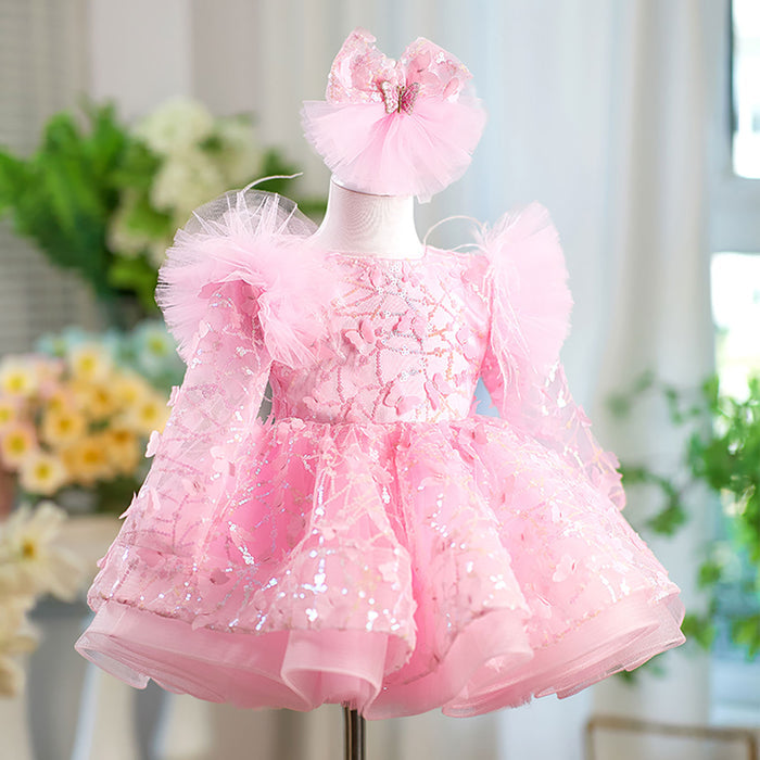 Butterfly Applique Long Sleeves Flower Girl Dress Bowed J555