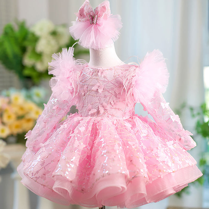 Butterfly Applique Long Sleeves Flower Girl Dress Bowed J555