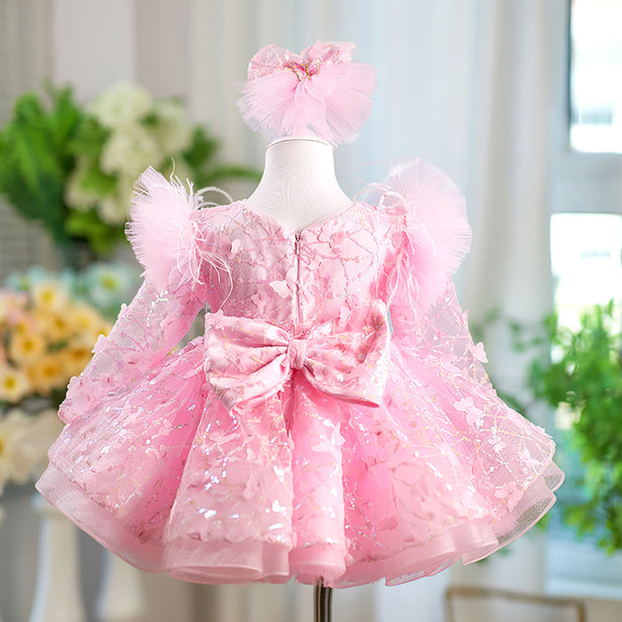 Butterfly Applique Long Sleeves Flower Girl Dress Bowed J555