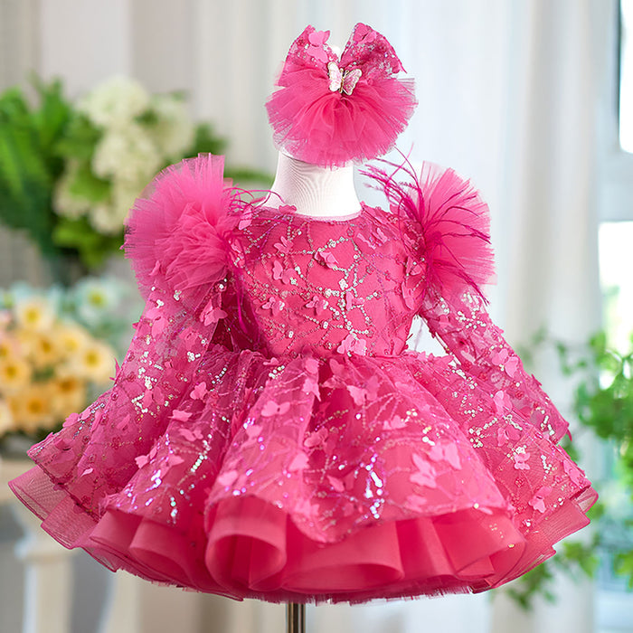 Butterfly Applique Long Sleeves Flower Girl Dress Bowed J555