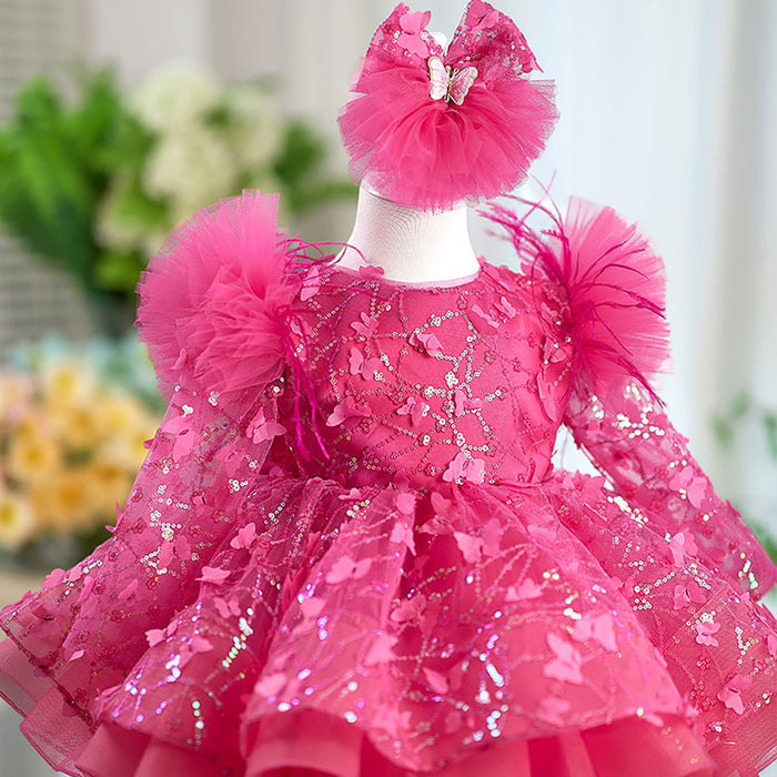Butterfly Applique Long Sleeves Flower Girl Dress Bowed J555