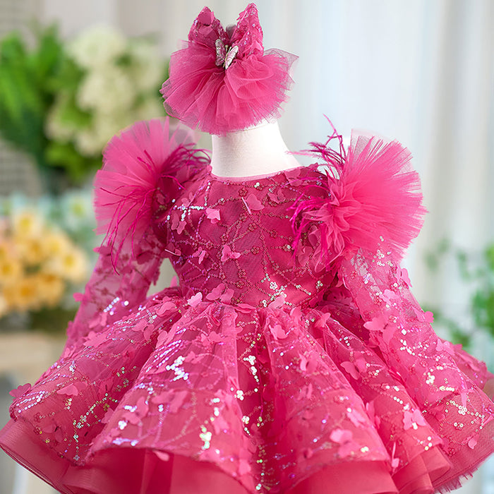 Butterfly Applique Long Sleeves Flower Girl Dress Bowed J555