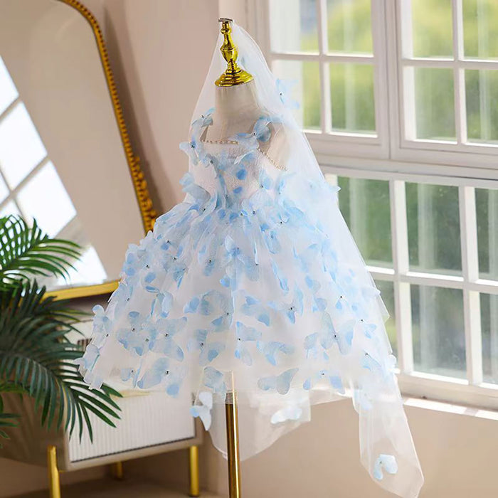 Butterfly Knee Length Birthday Party Flower Girl Dress Blue D090