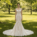 Cap-Sleeves Trumpet/Mermaid Appliques Garden/Outdoor Wedding Dress - Rosymae