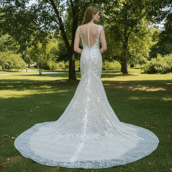 Cap-Sleeves Trumpet/Mermaid Appliques Garden/Outdoor Wedding Dress - Rosymae