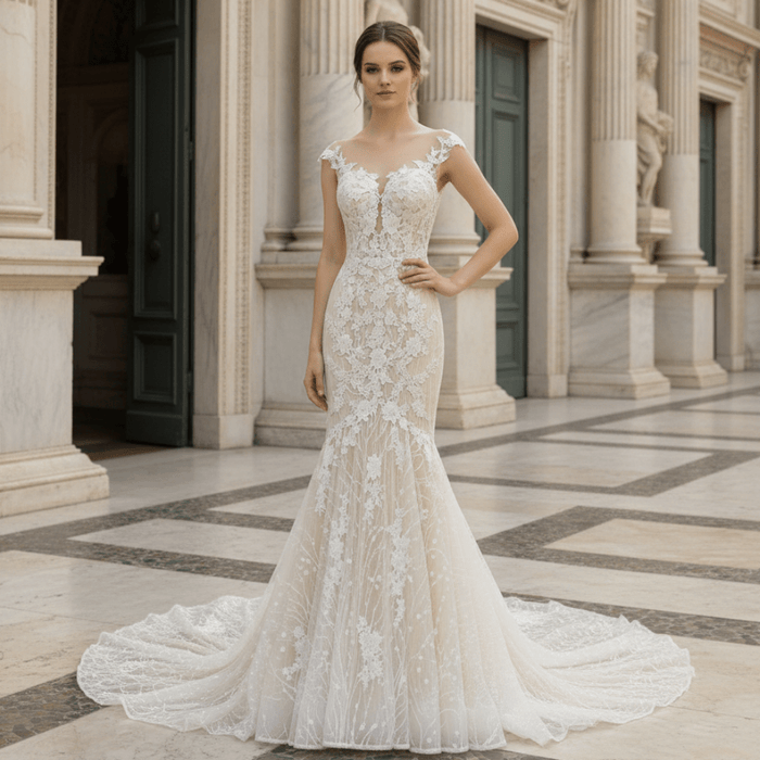Cap-Sleeves Trumpet/Mermaid Appliques Garden/Outdoor Wedding Dress - Rosymae
