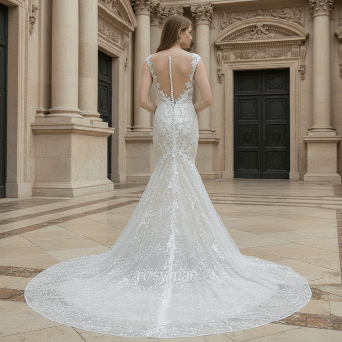 Cap-Sleeves Trumpet/Mermaid Appliques Garden/Outdoor Wedding Dress - Rosymae
