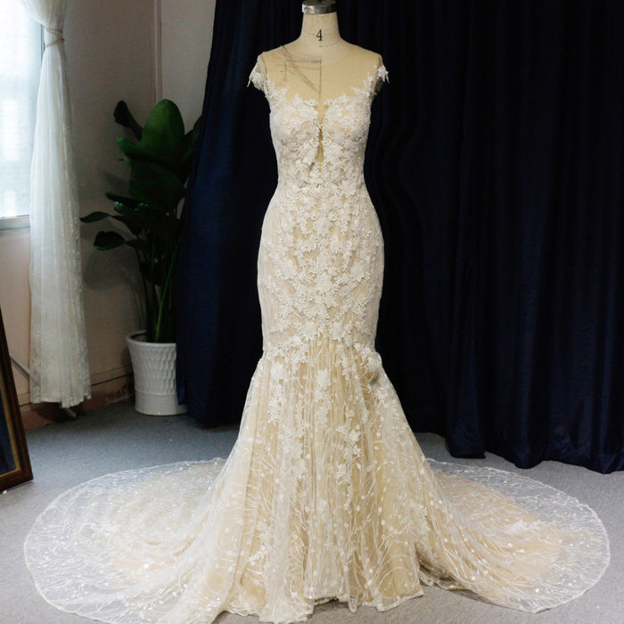 Cap-Sleeves Trumpet/Mermaid Appliques Garden/Outdoor Wedding Dress - Rosymae