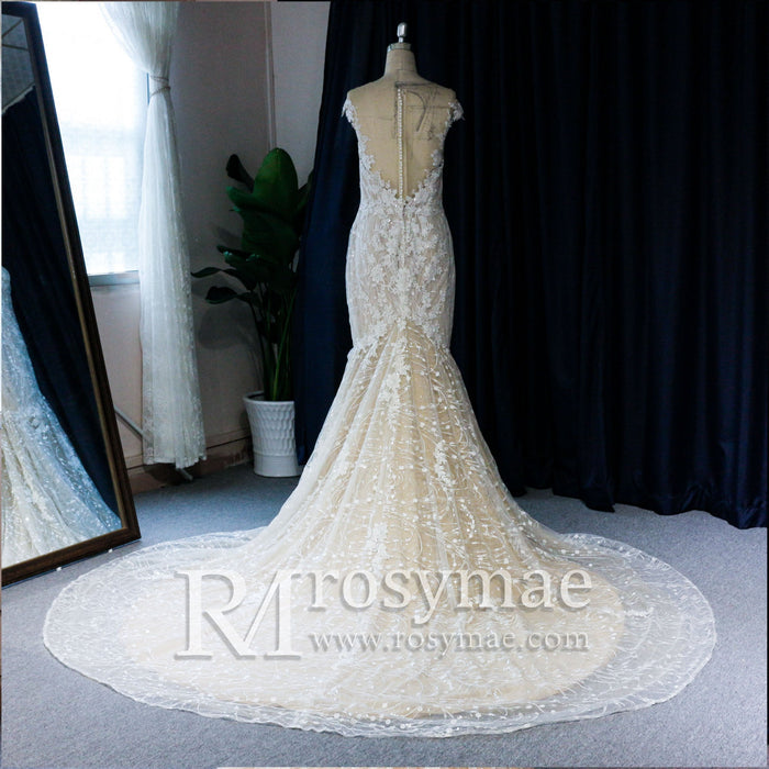 Cap-Sleeves Trumpet/Mermaid Appliques Garden/Outdoor Wedding Dress - Rosymae