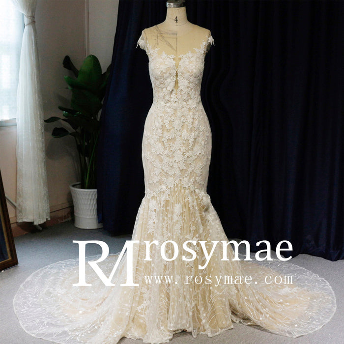 Cap-Sleeves Trumpet/Mermaid Appliques Garden/Outdoor Wedding Dress - Rosymae