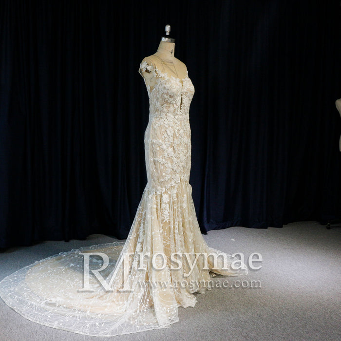 Cap-Sleeves Trumpet/Mermaid Appliques Garden/Outdoor Wedding Dress - Rosymae