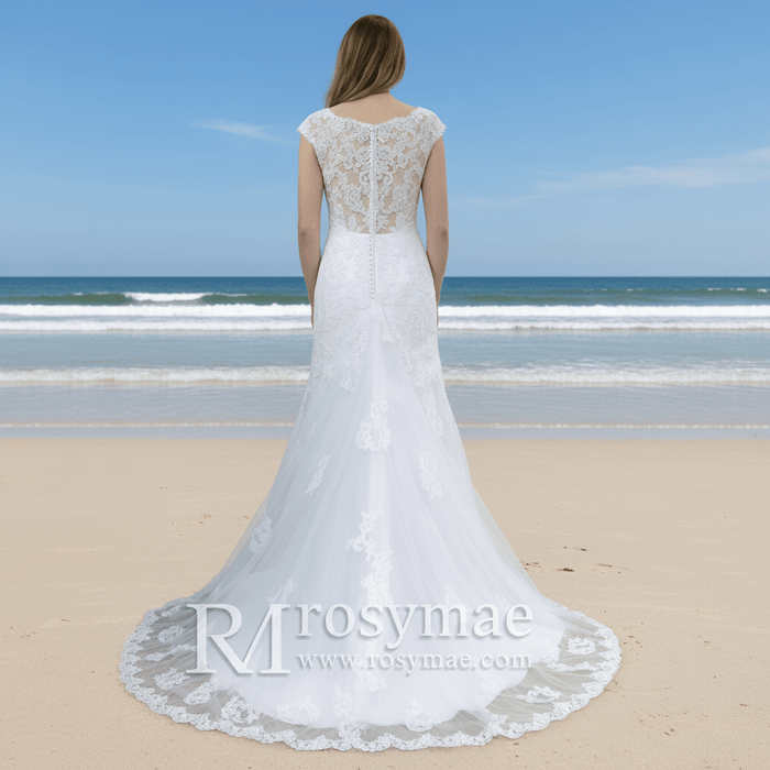 Capped Sleeve Trumpet Lace Applique Bridal Wedding Dress - Rosymae