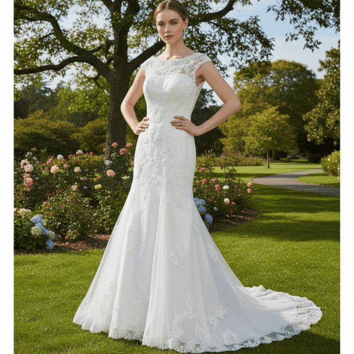 Capped Sleeve Trumpet Lace Applique Bridal Wedding Dress - Rosymae