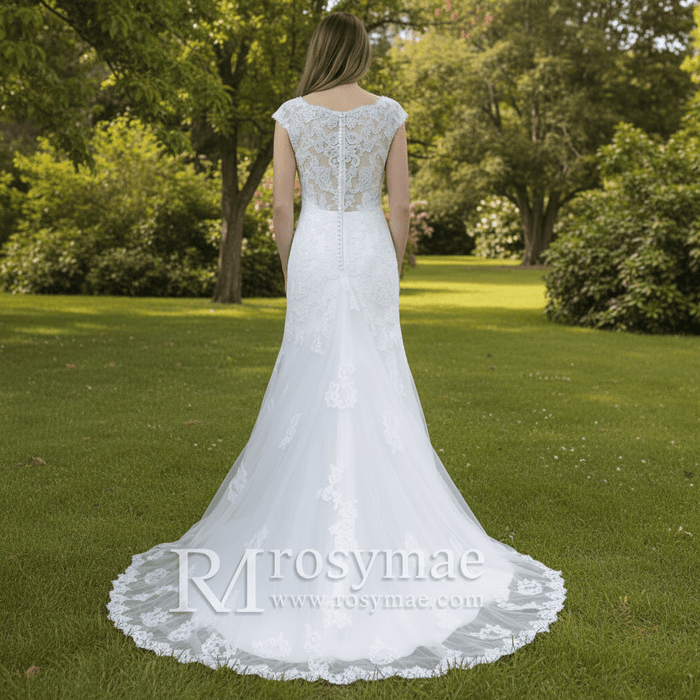 Capped Sleeve Trumpet Lace Applique Bridal Wedding Dress - Rosymae