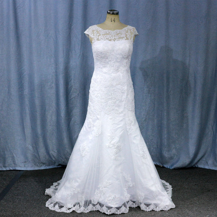 Capped Sleeve Trumpet Lace Applique Bridal Wedding Dress - Rosymae
