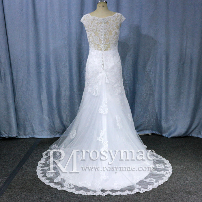 Capped Sleeve Trumpet Lace Applique Bridal Wedding Dress - Rosymae