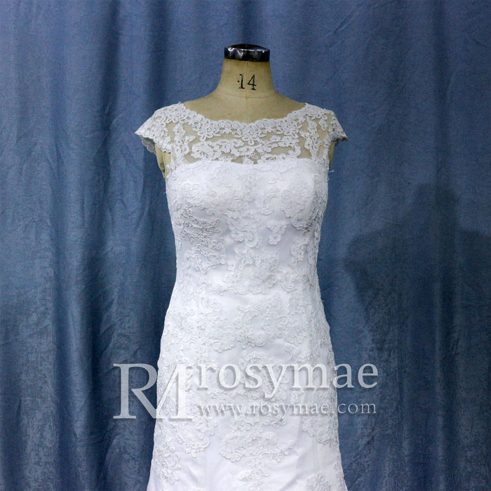 Capped Sleeve Trumpet Lace Applique Bridal Wedding Dress - Rosymae