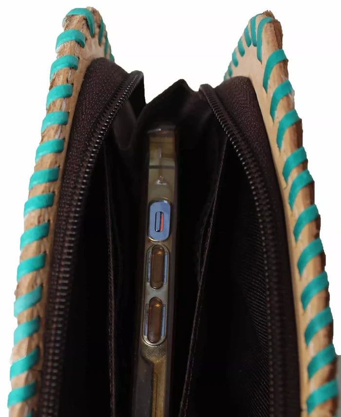 Challenger Western Cowhide Turquoise Laced Floral Tooled Leather Wallet