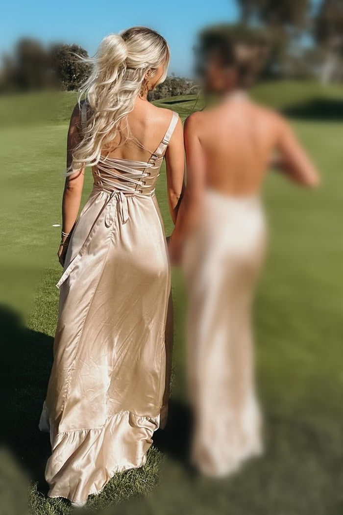 Champagne Lace-Up A-Line Maxi Dress with Slit